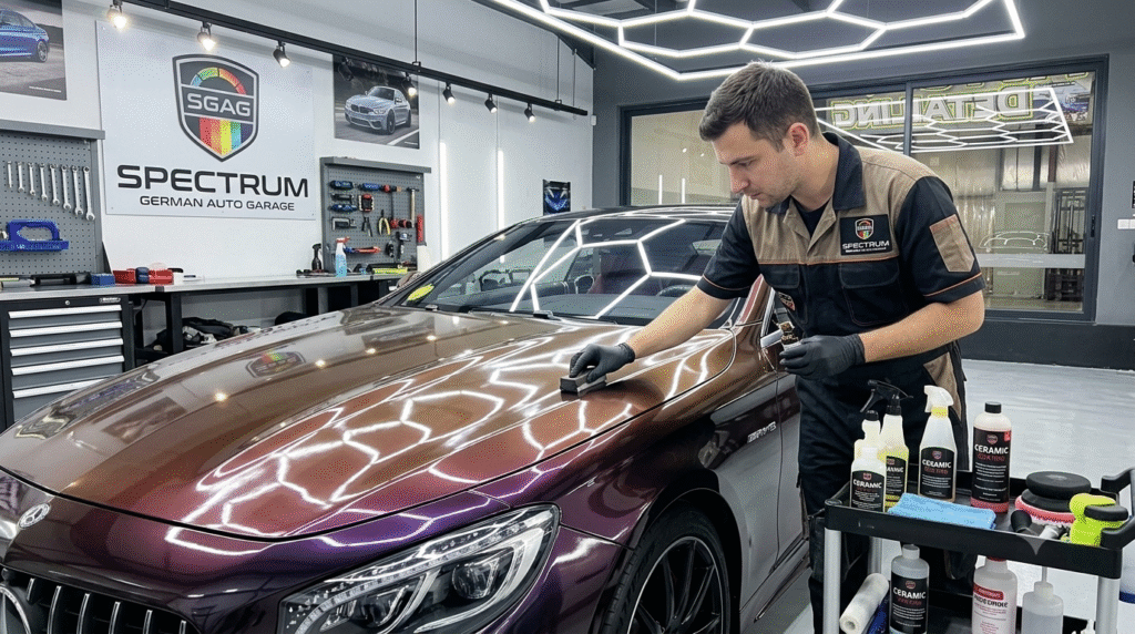 PPF vs Ceramic Coating comparison on a luxury SUV in Dubai