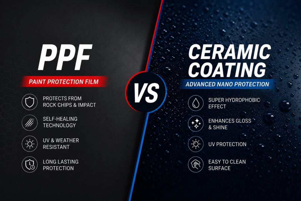 PPF vs Ceramic Coating Dubai comparison infographic showing the key differences, benefits, durability, UV protection, self-healing technology, and hydrophobic performance for luxury cars.